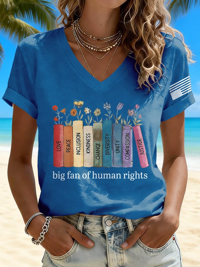 V-Neck Retro Big Fan Of Human Rights Print T-shirt