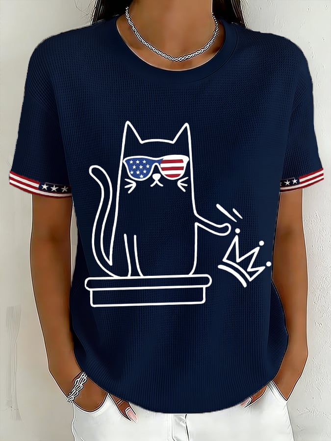 Women's American No King Fun Cat Print Textured Short-Sleeve T-Shirt