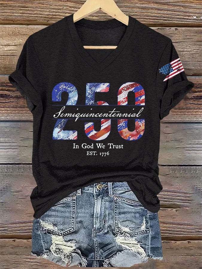 V-Neck Retro Semiquincentennial 250 In God We Trust Print T-Shirt