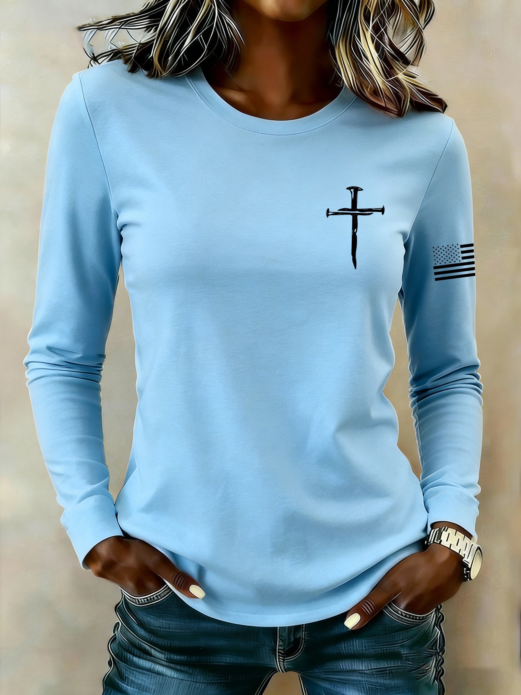 Women's casual patriotic flag long-sleeved T-shirt