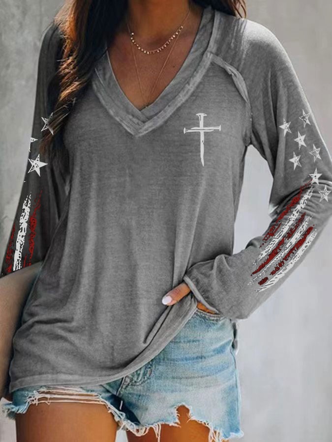 Women's casual retro flag-print long-sleeved T-shirt