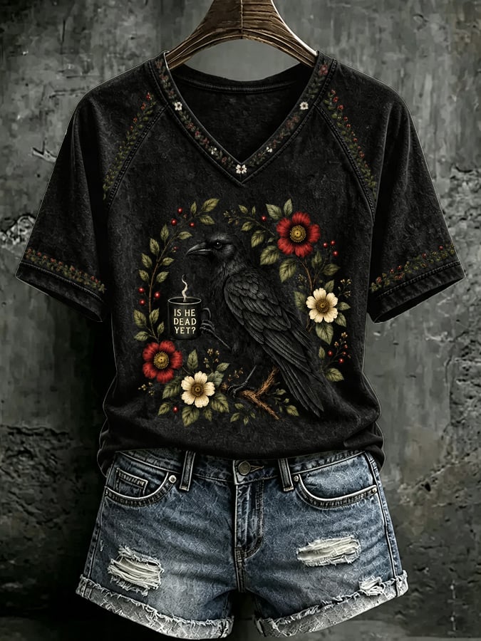 V Neck Retro Is He Dead Yet Print T-Shirt