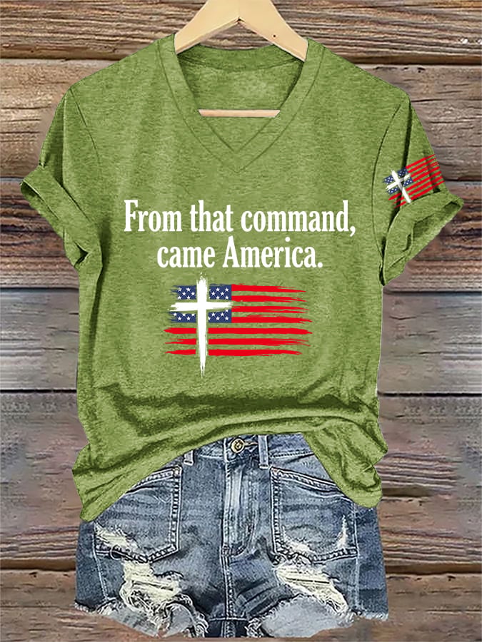 V-Neck Retro Rededicate 250 One Nation Under God From That Command, Came America Print T-shirt