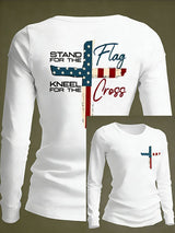 Women's Vintage Stand For The Flag Kneel For The Cross Print Long-Sleeved T-Shirt
