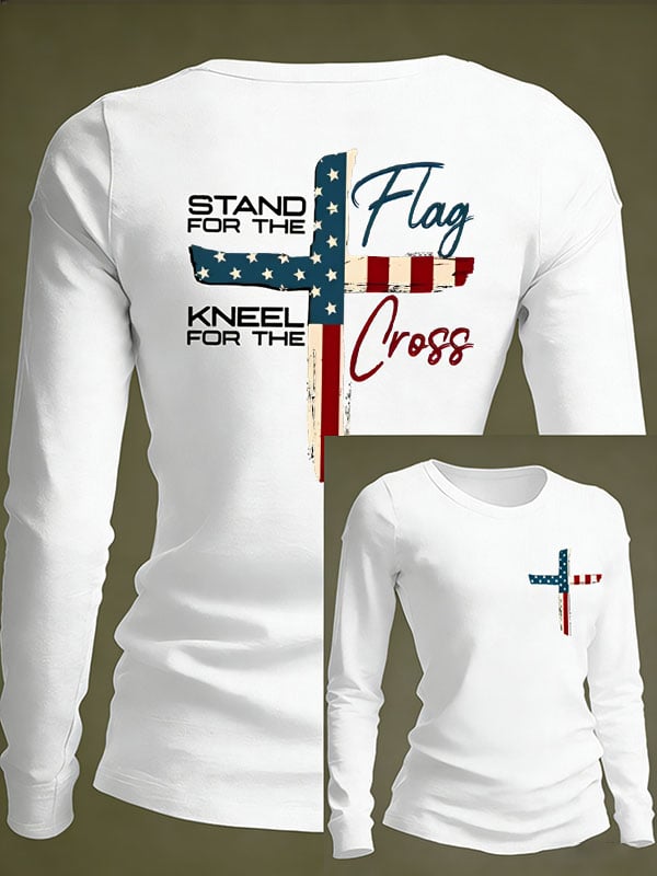 Women's Vintage Stand For The Flag Kneel For The Cross Print Long-Sleeved T-Shirt
