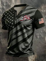 Men's Retro Patriotic Color-Block Short-Sleeve Henley Shirt