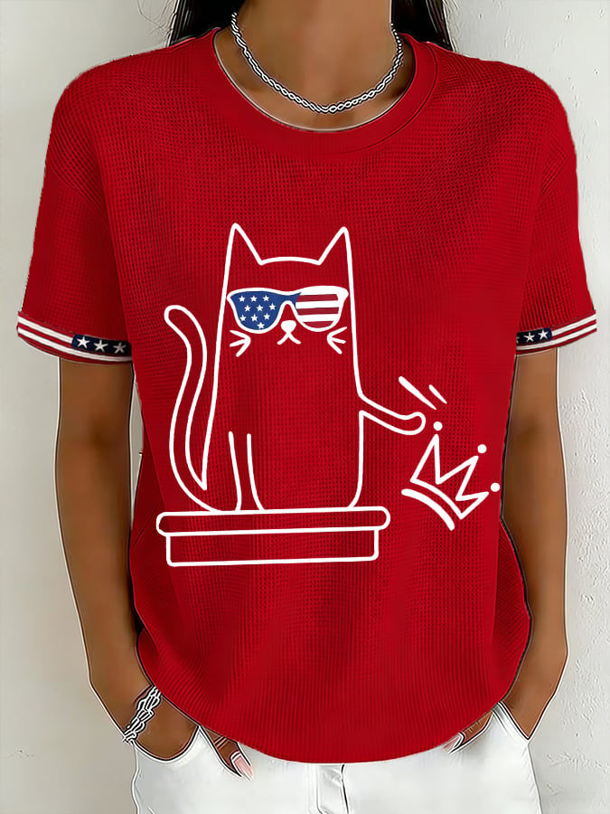 Women's American No King Fun Cat Print Textured Short-Sleeve T-Shirt