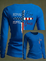 Women's Vintage Stand For The Flag Kneel For The Cross Print Long-Sleeved T-Shirt