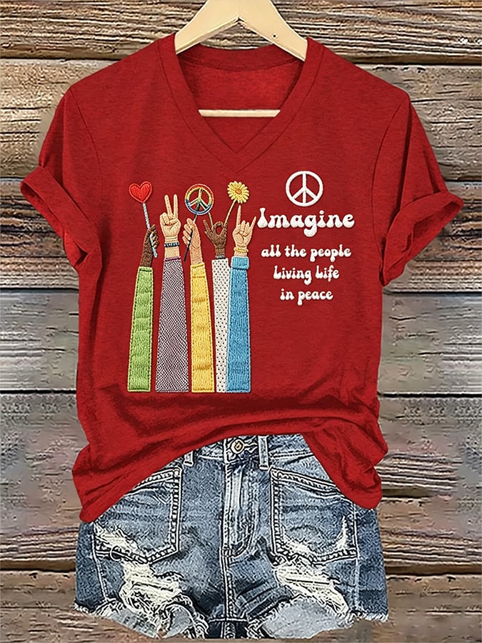 Women's Imagine all the people Living Life in peace Print T-Shirt