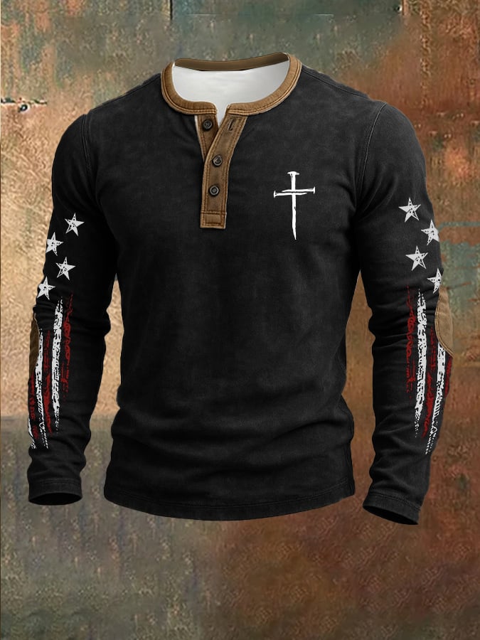 Men's casual retro national flag-themed Henley shirt