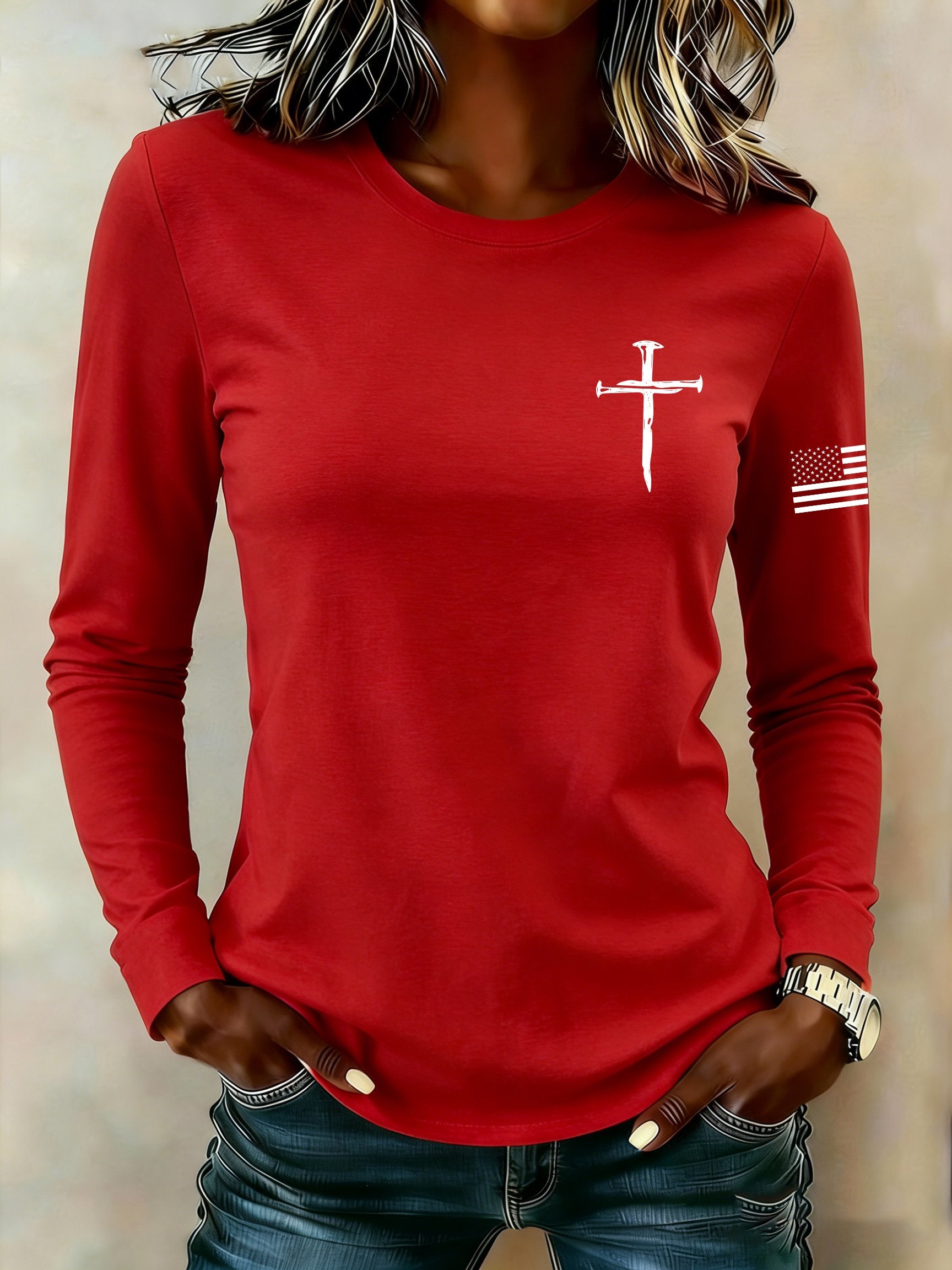 Women's casual patriotic flag long-sleeved T-shirt