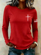 Women's casual patriotic flag long-sleeved T-shirt