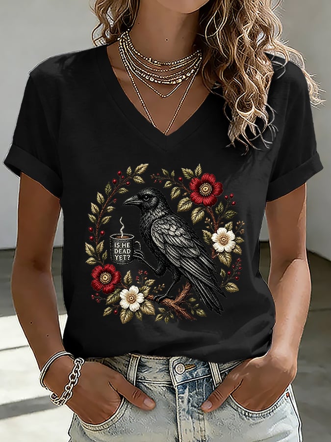 V-Neck Retro Is He Dead Yet Print T-Shirt