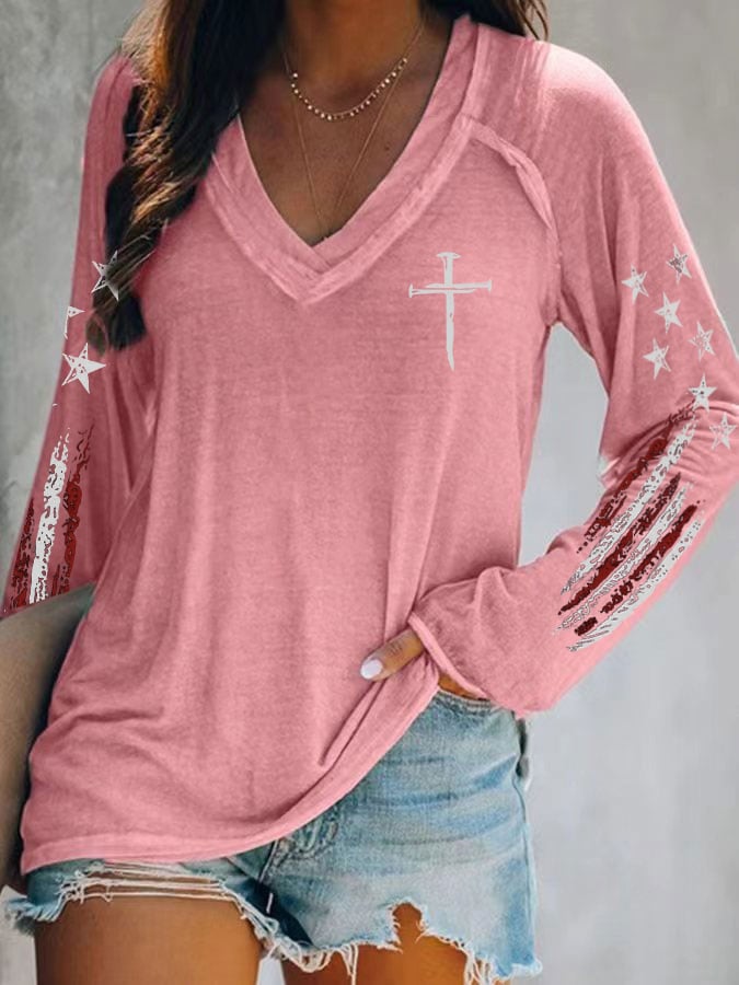 Women's casual retro flag-print long-sleeved T-shirt