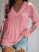 Women's casual retro flag-print long-sleeved T-shirt