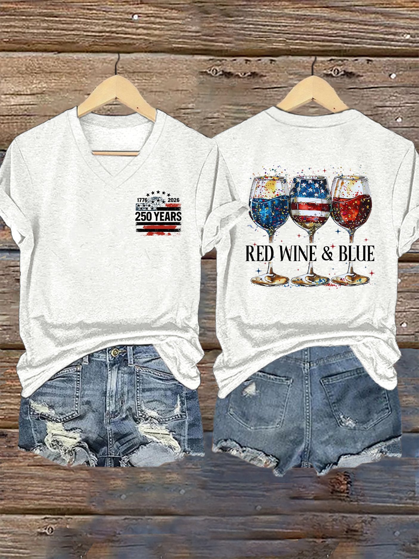 V-Neck Retro 1776–2026 250 Year Red Wine & Blue Print T-Shirt