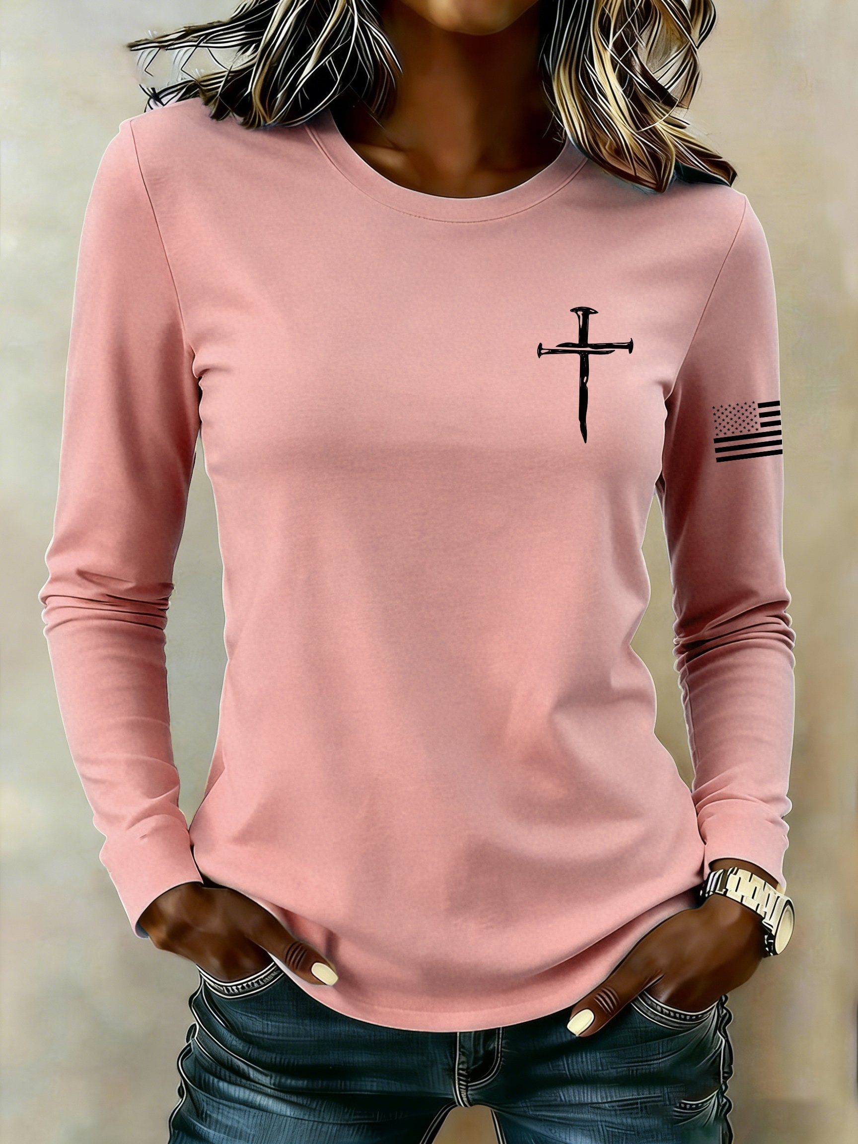 Women's casual patriotic flag long-sleeved T-shirt