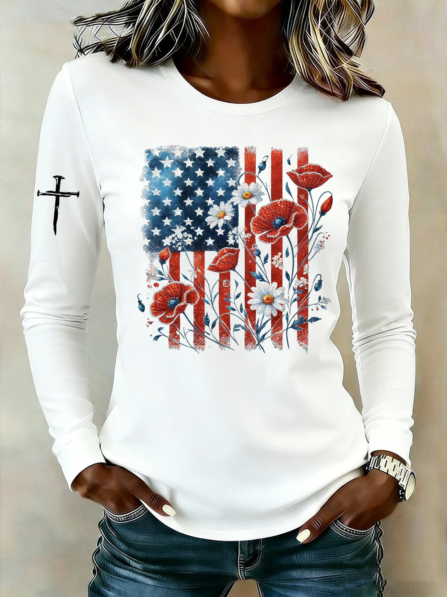 Women's casual American patriotic long-sleeved T-shirt