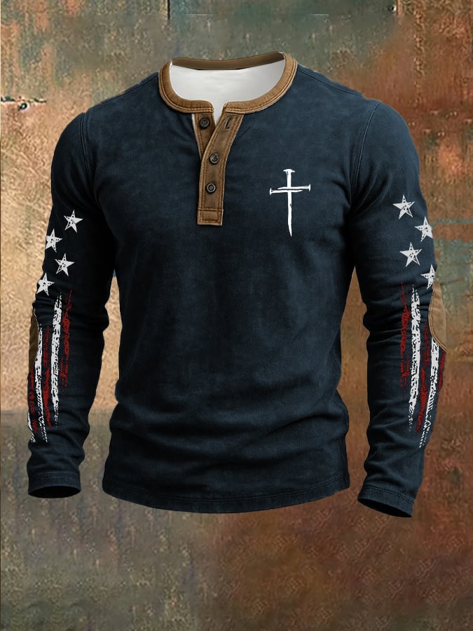 Men's casual retro national flag-themed Henley shirt