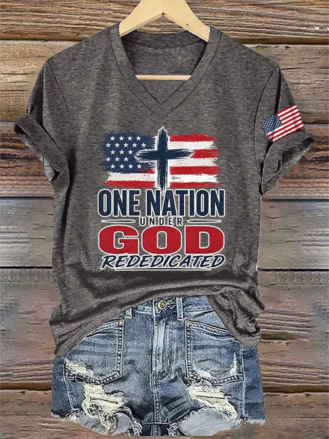 V-Neck Retro Rededicate 250 One Nation Under God Print T-shirt