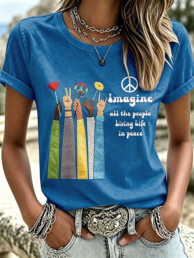 Women's Imagine all the people Living Life in peace Print T-Shirt
