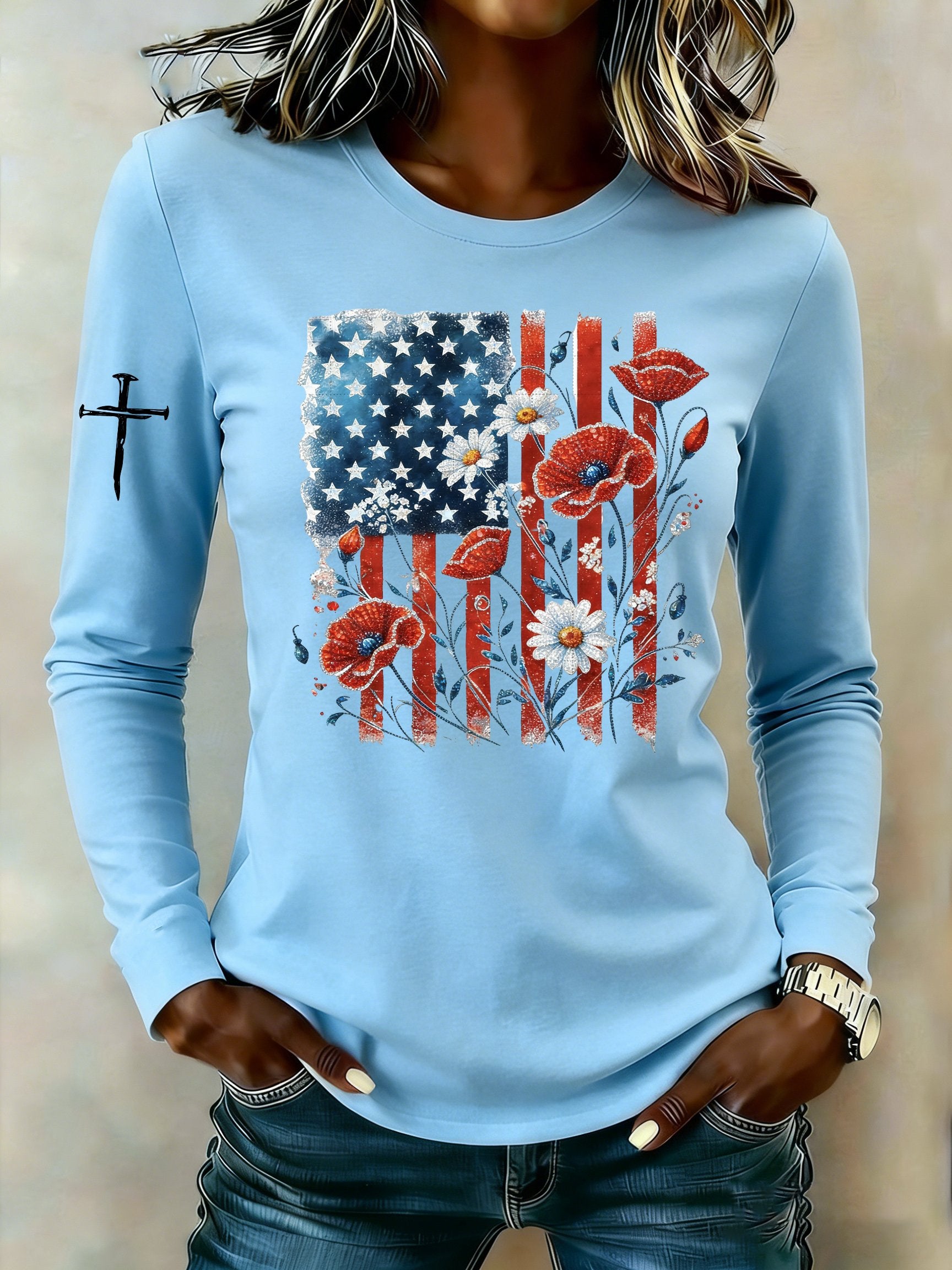 Women's casual American patriotic long-sleeved T-shirt