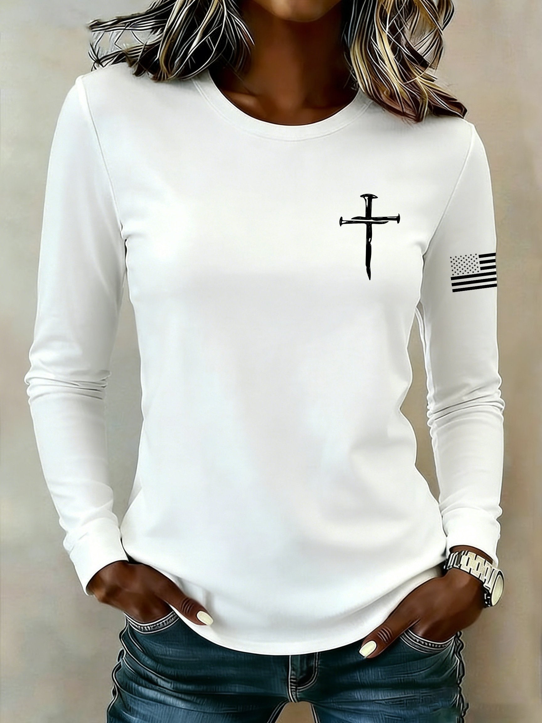 Women's casual patriotic flag long-sleeved T-shirt