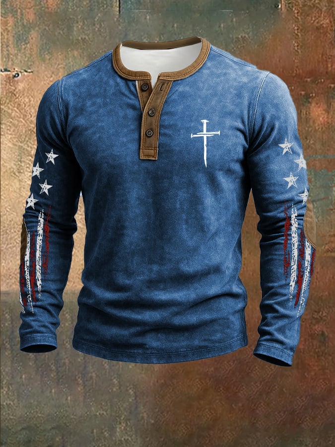 Men's casual retro national flag-themed Henley shirt
