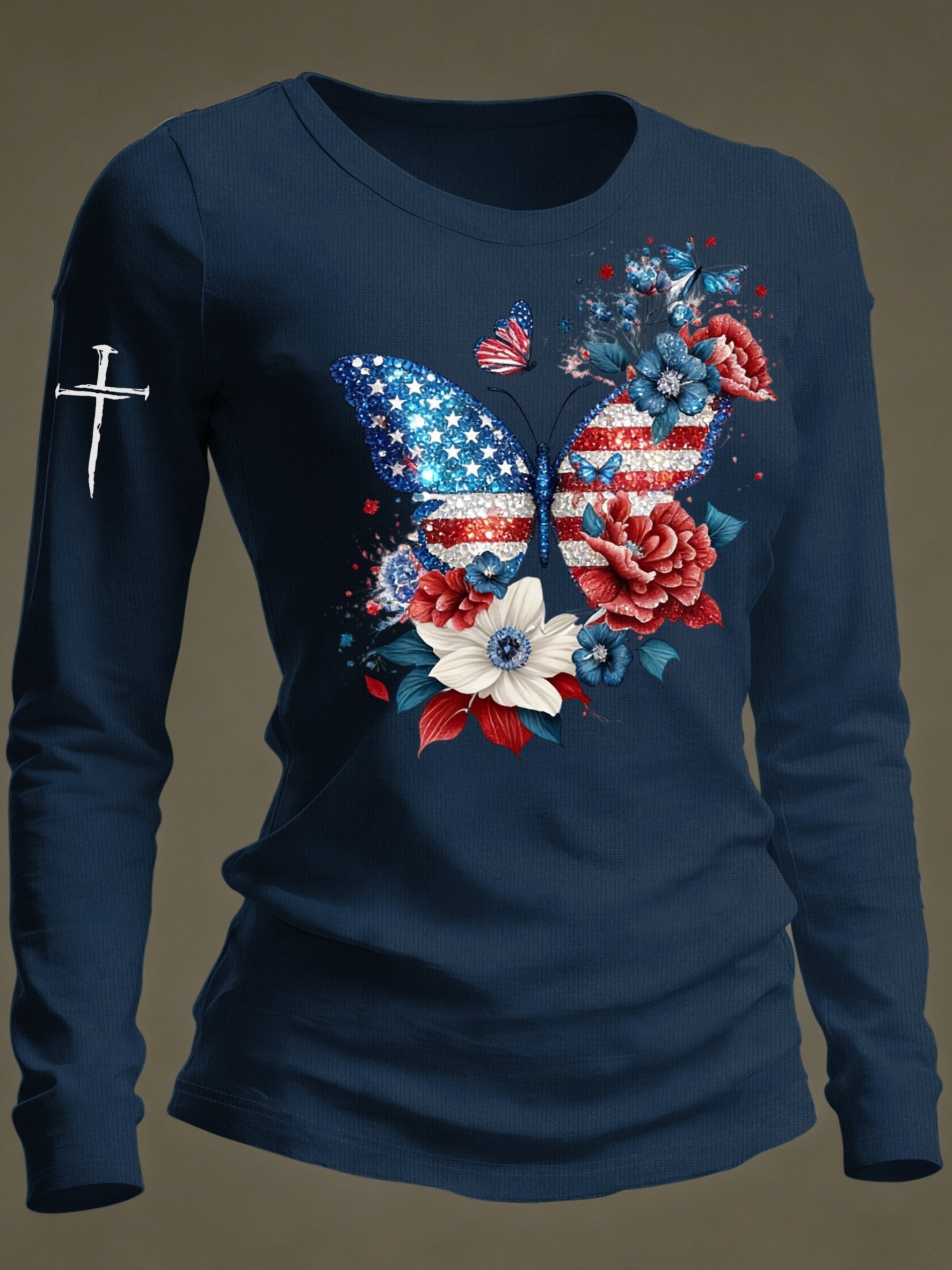 Women's casual American patriotic butterfly and floral long-sleeved T-shirt