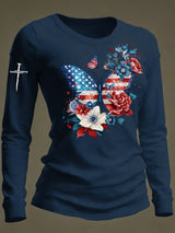 Women's casual American patriotic butterfly and floral long-sleeved T-shirt