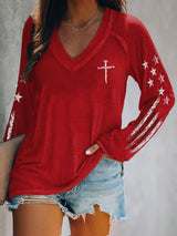 Women's casual retro flag-print long-sleeved T-shirt