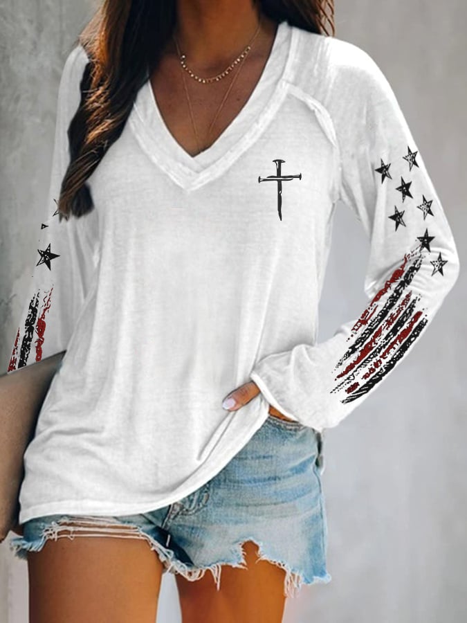 Women's casual retro flag-print long-sleeved T-shirt