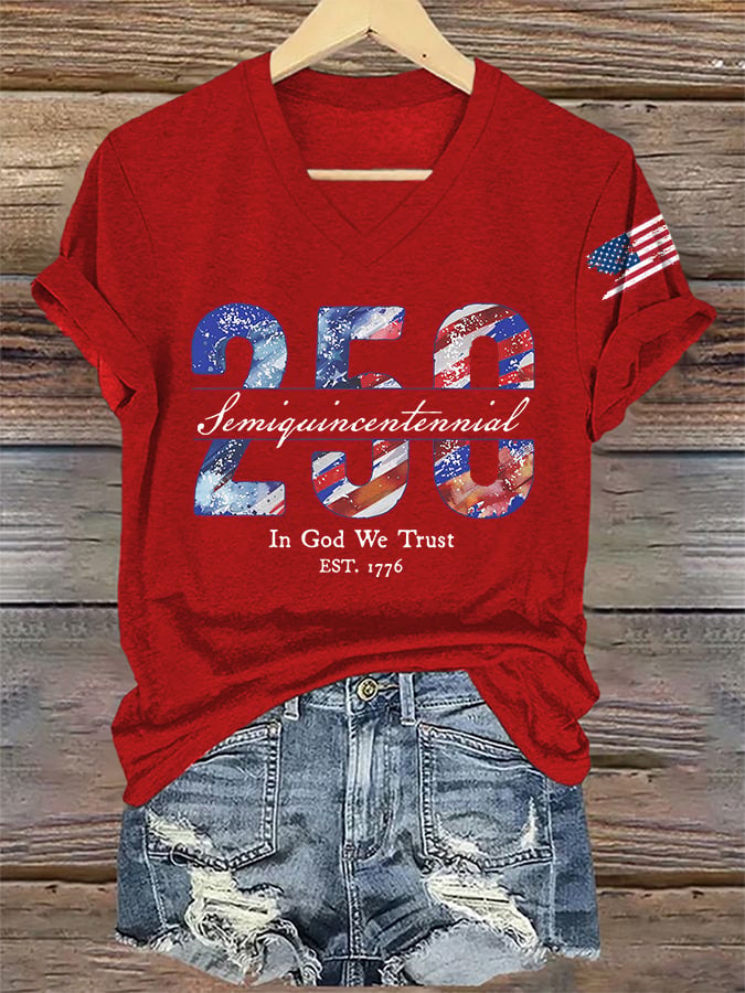 V-Neck Retro Semiquincentennial 250 In God We Trust Print T-Shirt