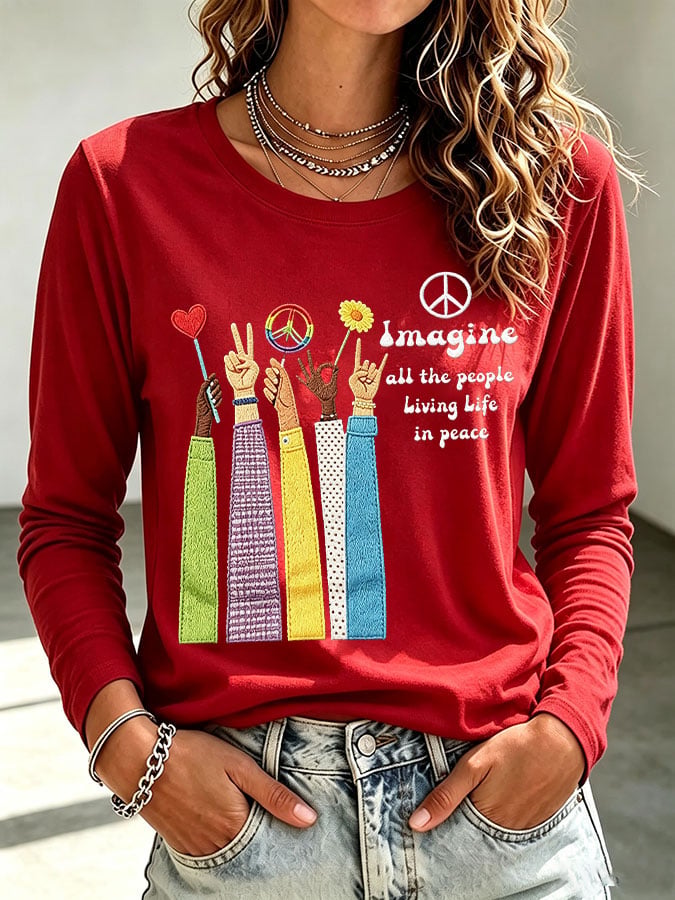 Women's Casual Imagine all the people Living Life in peace Printed Long-Sleeve T-Shirt