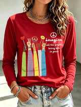 Women's Casual Imagine all the people Living Life in peace Printed Long-Sleeve T-Shirt
