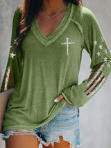 Women's casual retro flag-print long-sleeved T-shirt