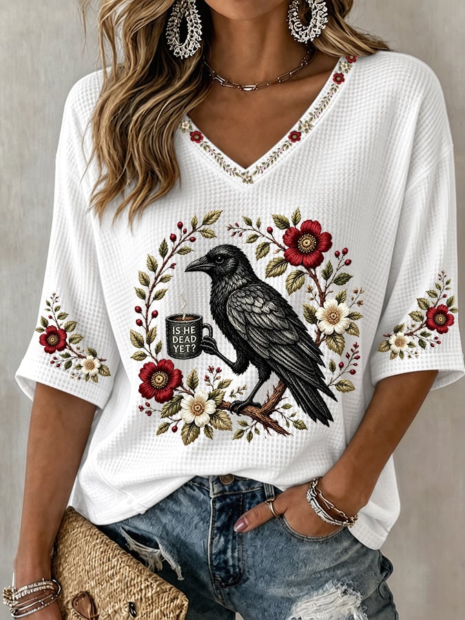 V-Neck Retro Is He Dead Yet Print T-Shirt