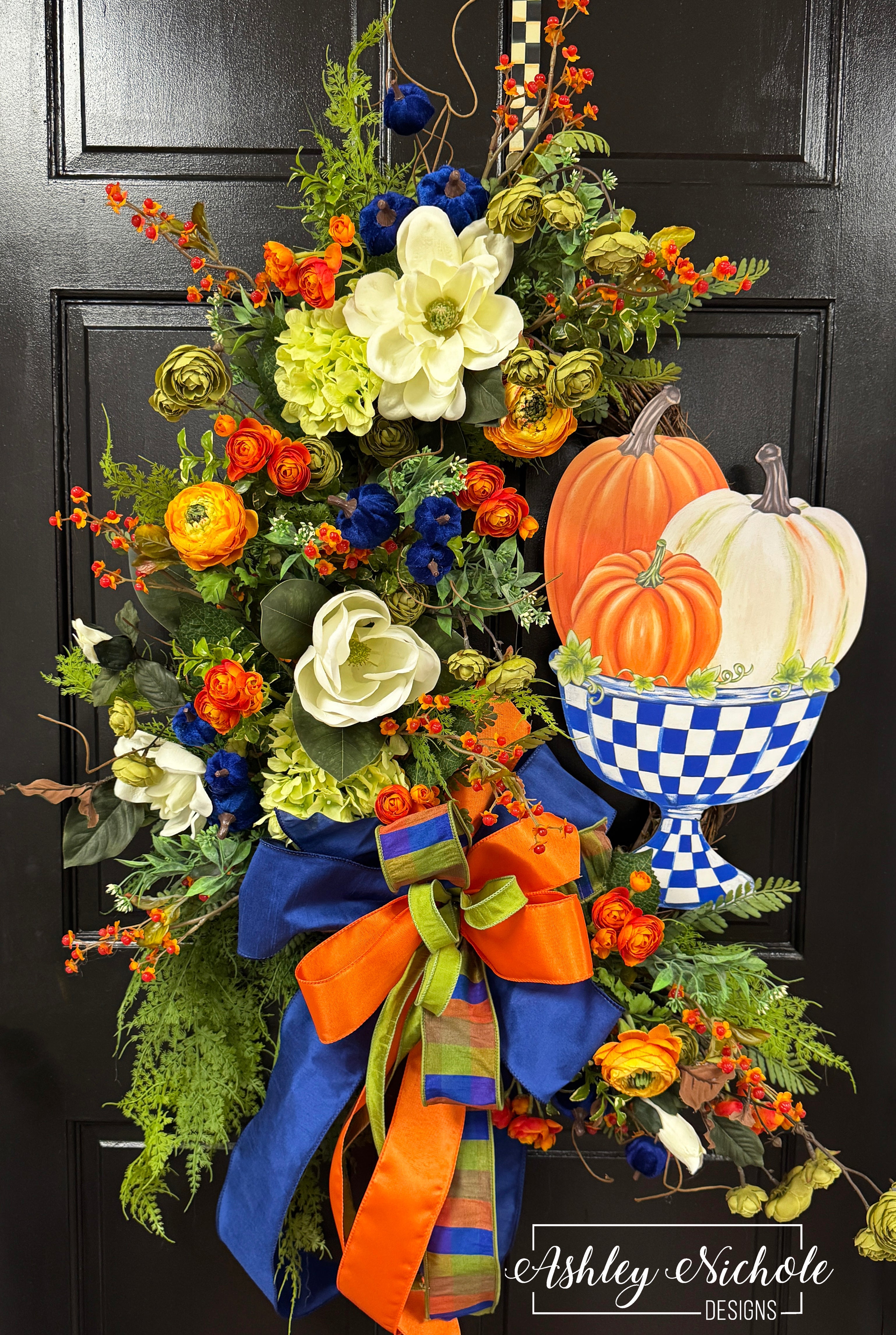 Blue Check Bowl of Pumpkins Wreath