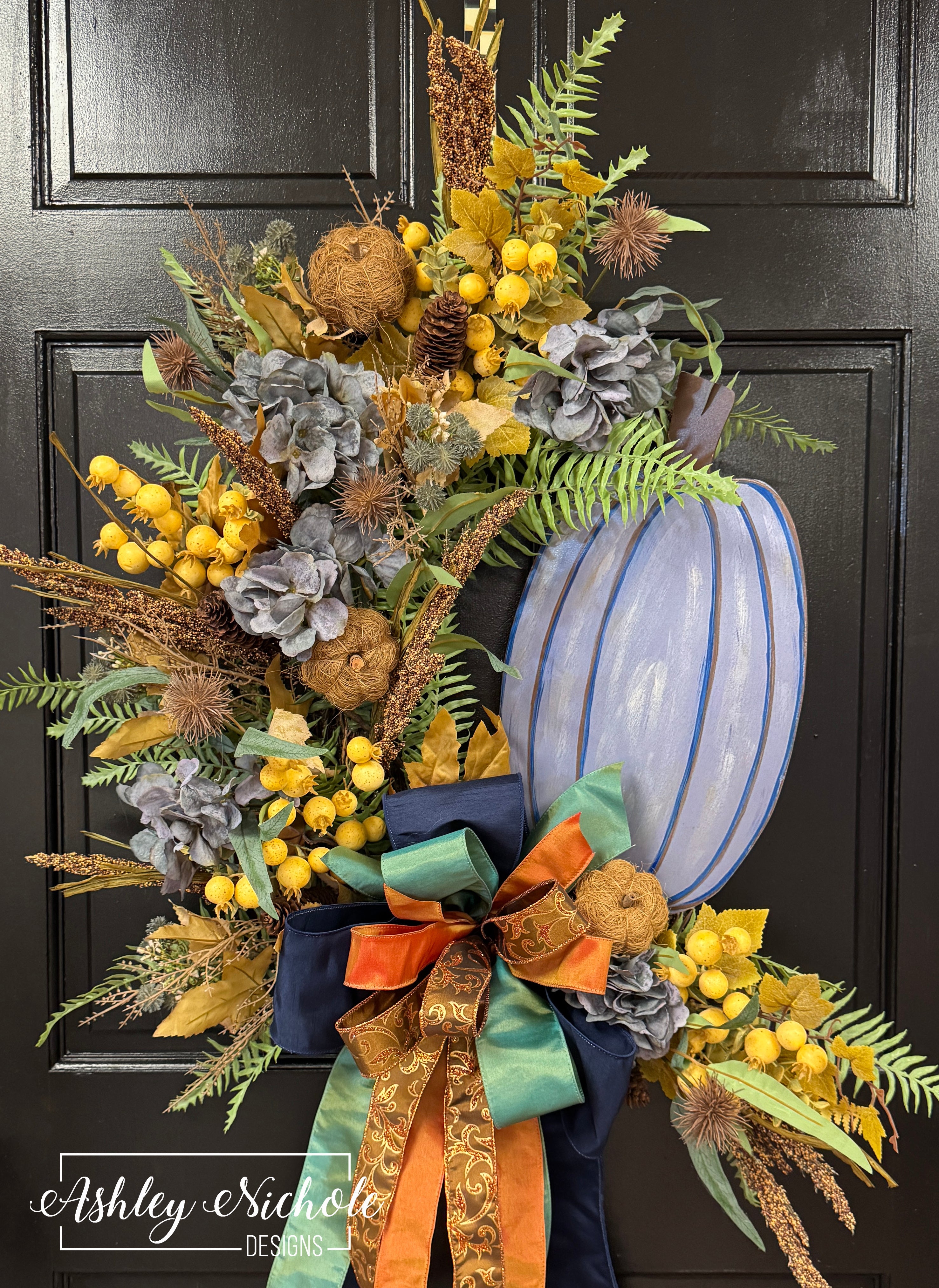 Blue Pumpkin & Florals Oval Wreath