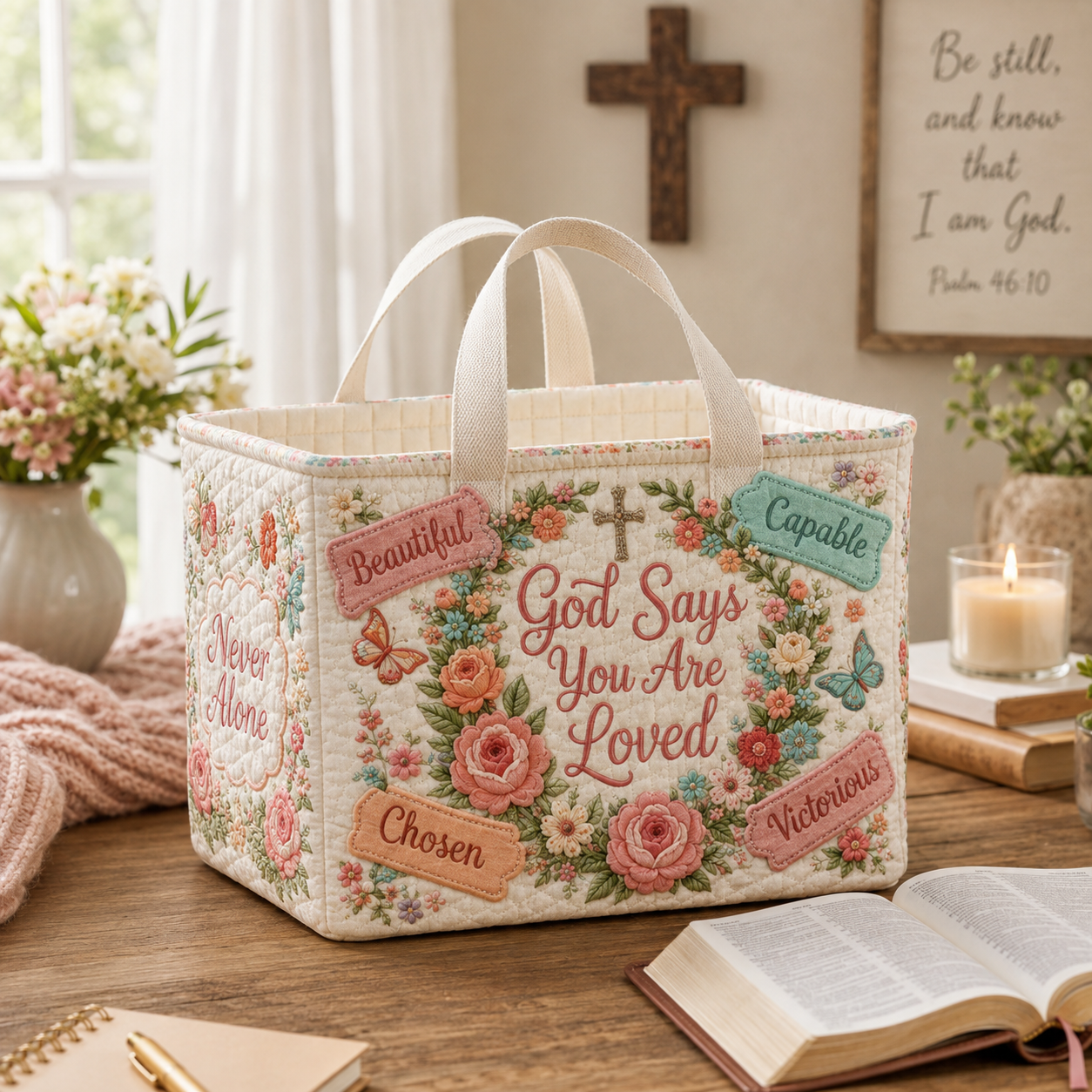 God Says You Are Loved Floral Quilted Storage Basket GFTOHNL2028