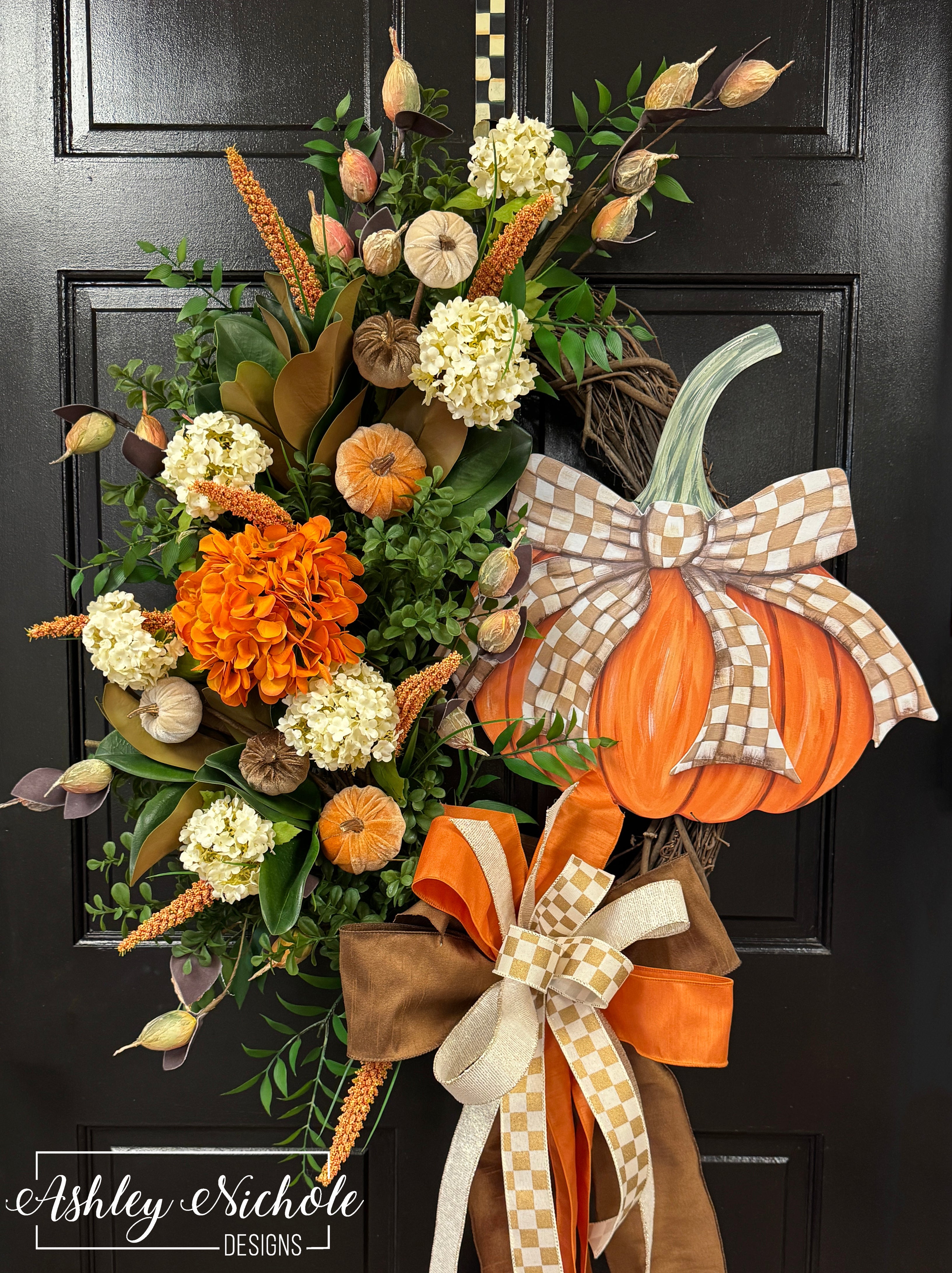 Checkered Pumpkin Charm Floral Wreath