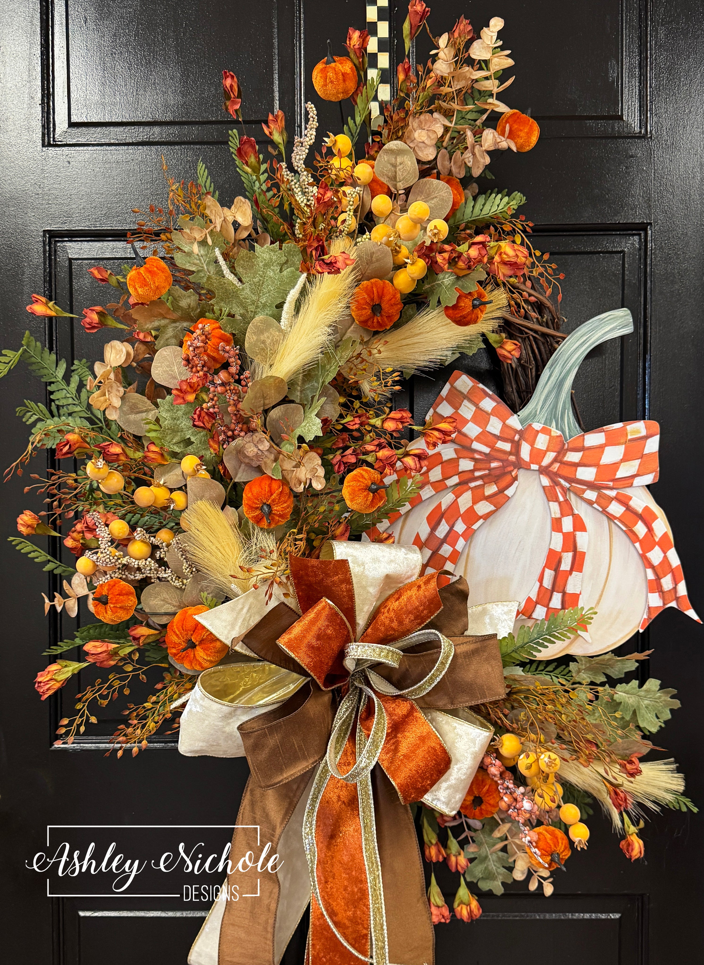 Fancy Bow - ORANGE & WHITE CHECKERED - Cream Pumpkin Wreath