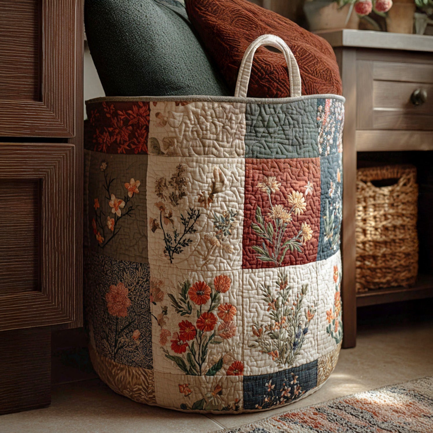Flower Quilted Laundry Basket NCU0QN006