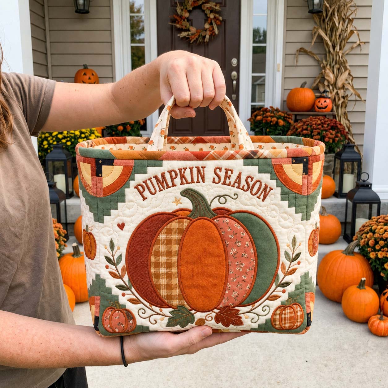 Autumn Plaid Pumpkin Quilted Storage Basket GDTONTD1611