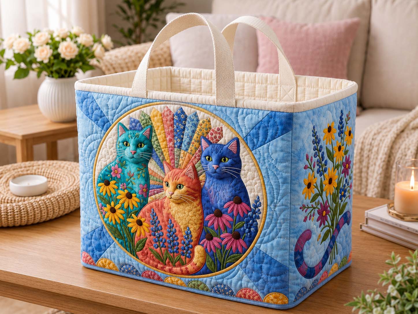 Wildflower Cat Circle Quilted Storage Basket GDTONTD1641