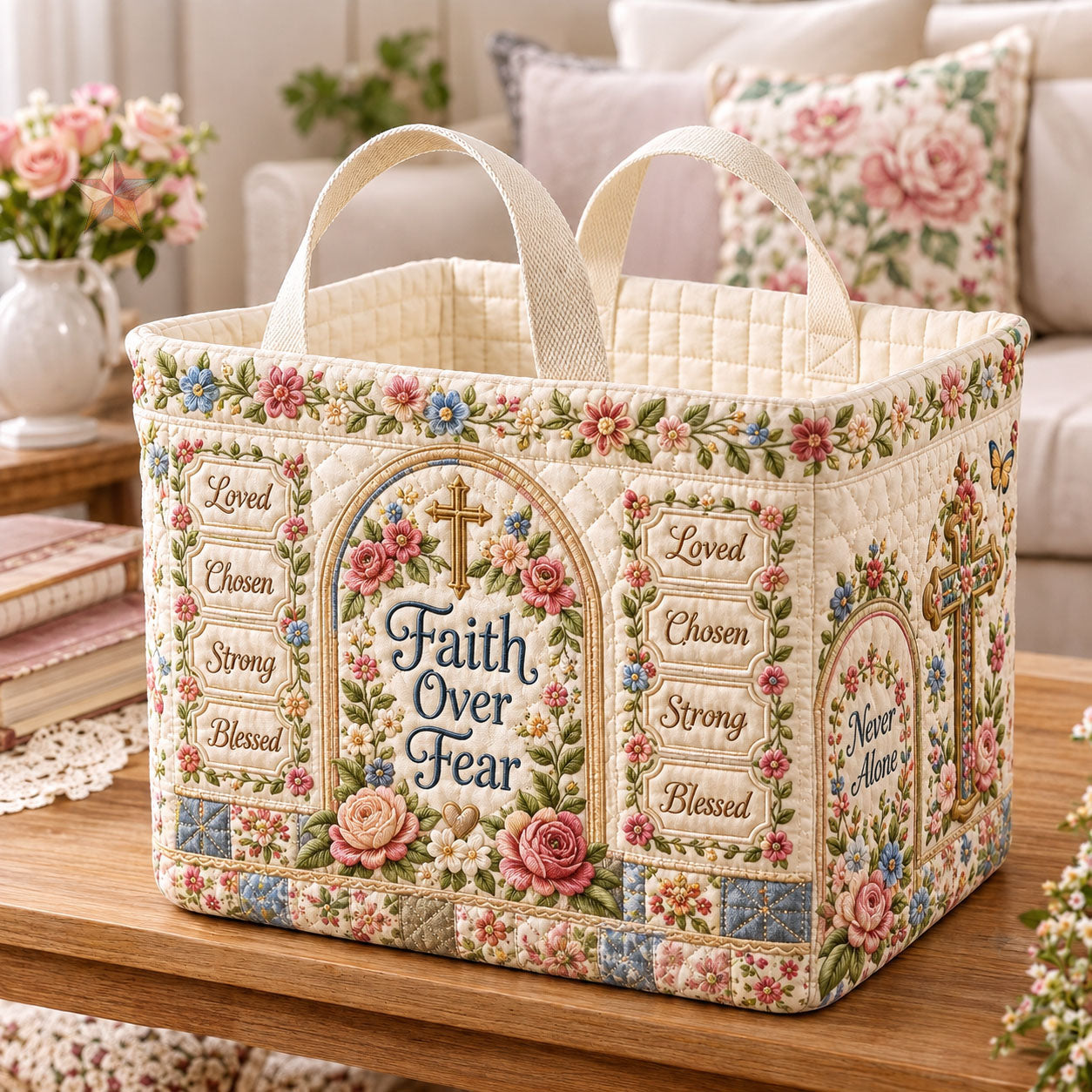 Faith Over Fear Floral Blessing Quilted Storage Basket GFTOHNL2490