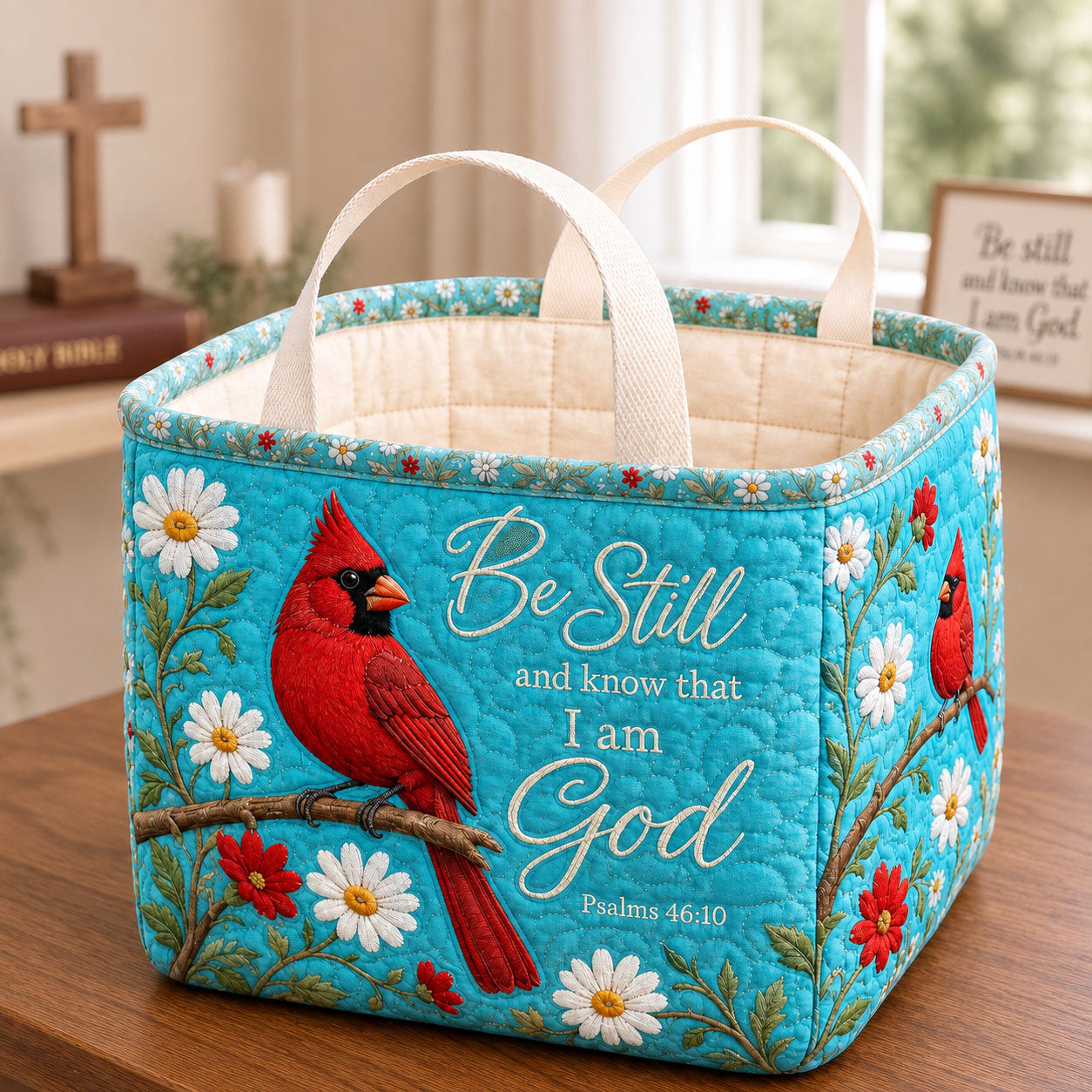 Praise Seek Worship Trust God Cardinal Quilted Storage Basket GFTOHNL2534