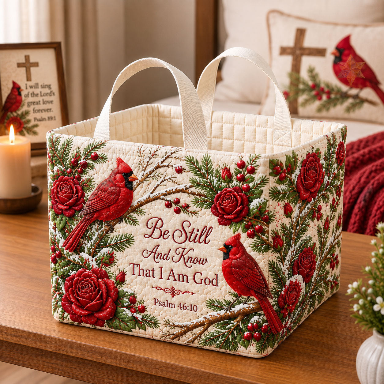 Be Still Cardinal Rose Quilted Storage Basket GFTOHNL2587
