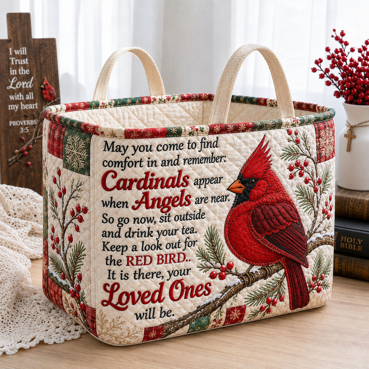 Cardinals And Angels Quilted Storage Basket GFTOHNL2590