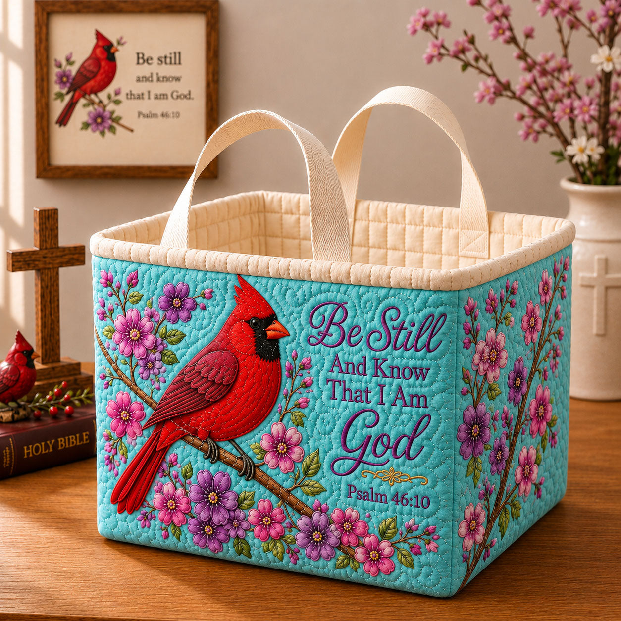 Be Still Floral Cardinal Quilted Storage Basket GFTOHNL2591